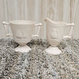 Jeanette • Open Sugar & Creamer Set • Pink Milk Glass • Baltimore Pear • Vintage